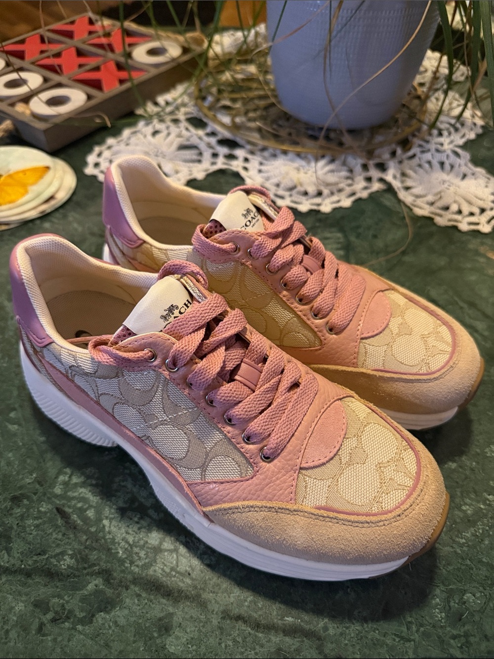 Coach Sig Tech Runner Sneakers Designer Logo, Light Khaki/Pink, Women’s 6